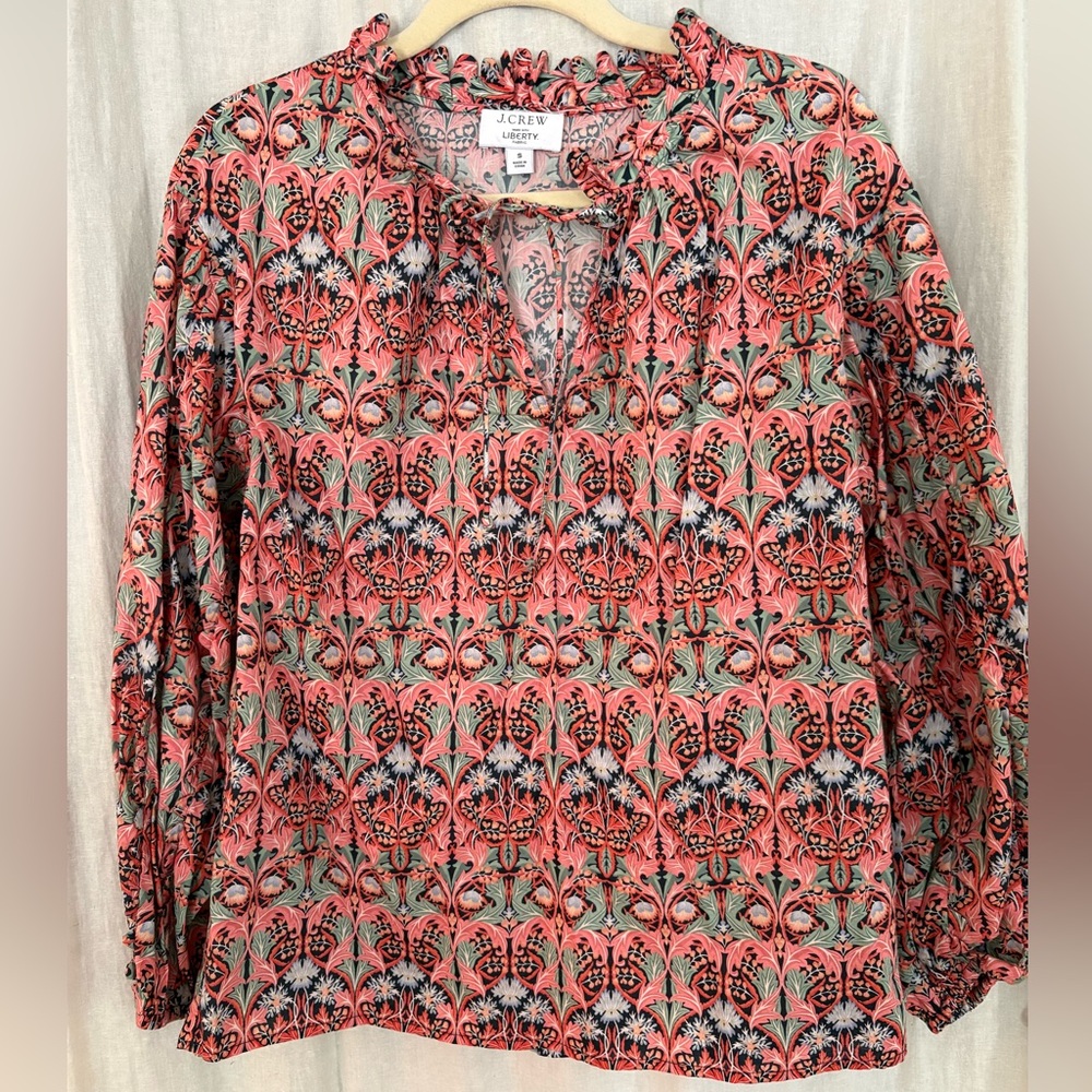 J. Crew Vibrant Pink and Green Patterned Blouse